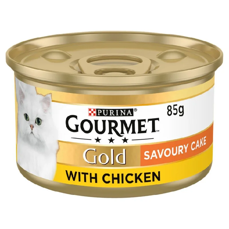 2. **Brand-Related**  Gourmet Gold Tinned Cat Food Savoury Cake Chicken