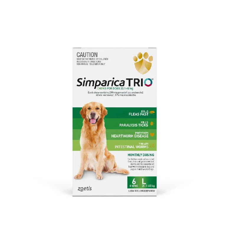 - Remote interactive pet feederSimparica Trio Flea, Tick & Worming Treatment Large Dog 20.1 - 40kg 6 Pack