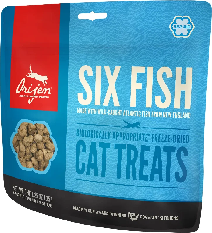    - Chicken flavor cat food  Orijen Six Fish Grain-Free Cat Treats